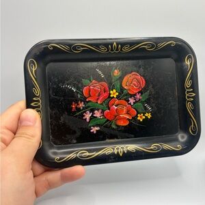 Vintage Toleware Floral Rose Motif Trinket Dish, Rolling Tray, Keepsake Dish